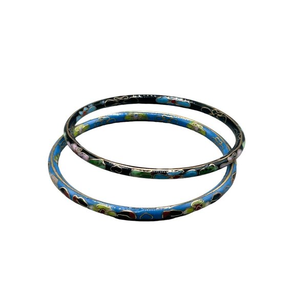Thin Cloisonne Bangles Bracelets Black and Blue Color Enamel Oriental Jewelry - Picture 1 of 7